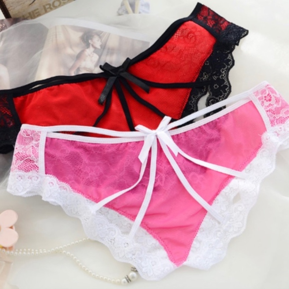 Cage Panties in Pink & White. Lace cage panties open crotch. Crotchless panties